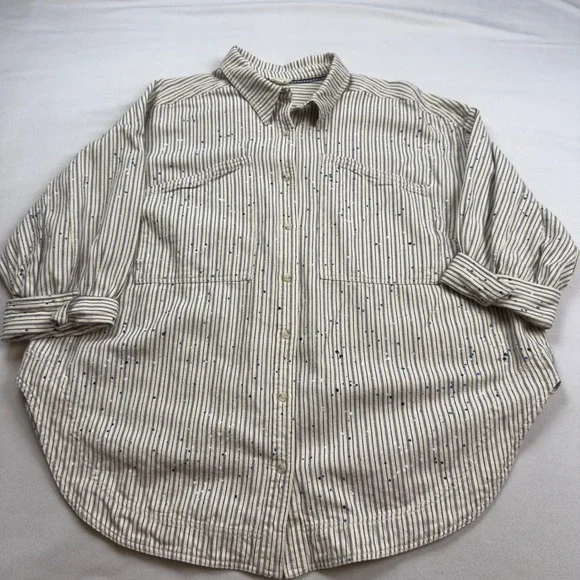Pilcro Anthropologie Striped Paint Splatter Denim Shirt Womens 2X Oversized - Picture 1 of 7